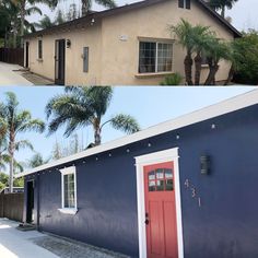 before and after photos of a house with red door, palm trees in front of it