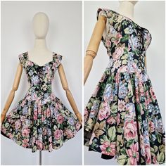 "Vintage corset bustier lace up floral mini cotton dress. Features full circle skirt with black lining on the sides which is longer than outer skirt. Arm straps has beautiful pleats. Fastens with lace to the front and zip at the back. Bust and waist can be cinched with the ribbon. Made from soft medium weight cotton fabric. Black with pink, green, sage, greyish blue and light brown floral print. Fabric: 100% cotton Brand: Mix Up Very good vintage condition / has few tiny repairs around some eyel Raw Silk Dress, Puff Sleeves Dress, White Cotton Blouse, Brown Floral Print, Green Sage, Floral Cotton Dress, Vintage Corset, Full Circle Skirt, Corset Bustier