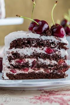 a piece of chocolate cake with cherries on top