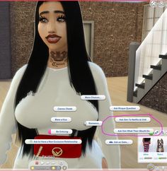 an animated woman with long black hair and tattoos on her chest is looking at the camera