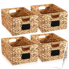 three wicker baskets with chalkboard labels on the handles and sides, set of four