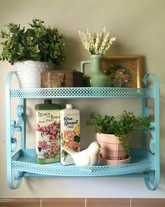 a shelf filled with potted plants on top of a tiled floor