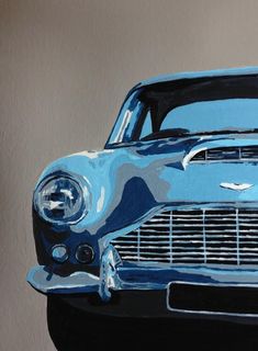 a painting of a blue classic car with the hood up and front grills down