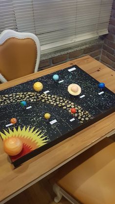 a wooden table topped with a solar system