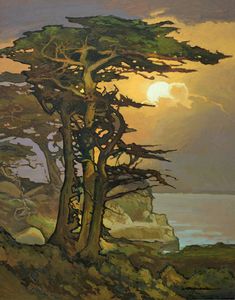 an oil painting of trees on a cliff by the ocean at sunset with clouds in the sky