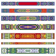 four different colored ribbons with ornate designs on each one, all in different colors and patterns