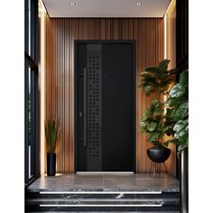 a black door is in the middle of a room with stairs and potted plants