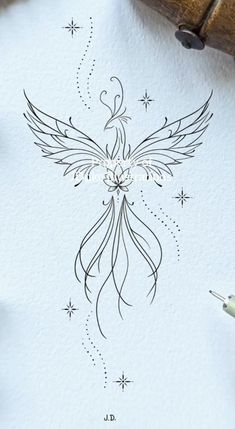 an ink drawing of a bird with wings on it's back, and stars in the background