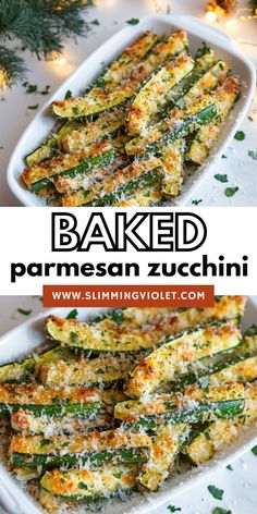 baked parmesan zucchini in a casserole dish on a platter