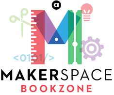 the makerspace bookzone logo with scissors, ruler and gear on it's side