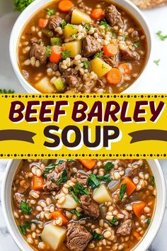 two bowls of beef barley soup with carrots and spinach