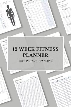 the 12 week fitness planner is shown in black and white