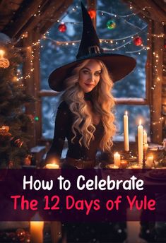 a woman wearing a witches hat in front of a table with candles and christmas decorations