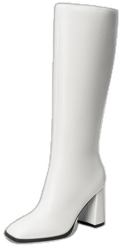 Wide Calf High Heel Knee-high Boots, White Wide Calf Knee-high Heeled Boots, White Knee-high Boots With Wide Calf, White Knee-high Boots For Wide Calves, White Faux Leather Heeled Boots With Square Toe, White Faux Leather Square Toe Heeled Boots, Fitted White Mid-calf Heeled Boots, Wide Calf Synthetic Knee-high Boots, White Synthetic Knee-high Boots