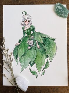 a watercolor painting of a woman in a green dress with flowers on the side