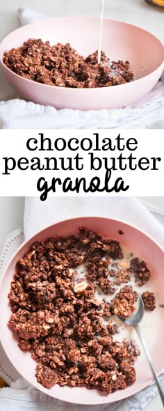 chocolate peanut butter granola in a pink bowl with milk being poured into the bowl