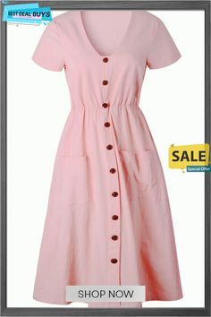 V-neck Pocket Dress(4 Colors) Spring V-neck Midi Dress With Buttons, Summer V-neck Dress With Buttons, Pink Solid Color V-neck Midi Dress, Pink V-neck Solid Color Dress, V-neck Midi Dress With Buttons, Pink V-neck Dress With Buttons, Spring V-neck Midi Dress With Pockets, Pink Casual V-neck Midi Dress, Casual Pink V-neck Midi Dress