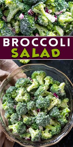 broccoli salad in a glass bowl with the words broccoli salad above it