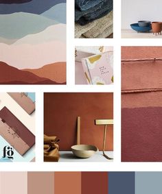 a collage of different shades of pink, blue and brown