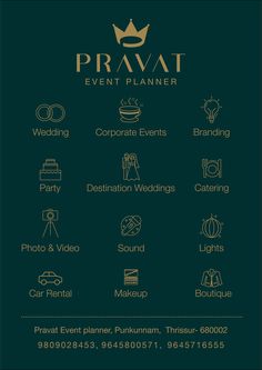 the logo for pravat event planner is shown on a dark green background with gold lettering