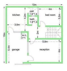 the floor plan for a two bedroom house with an attached kitchen and living room area