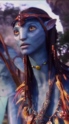 an animated avatar with blue skin and long hair