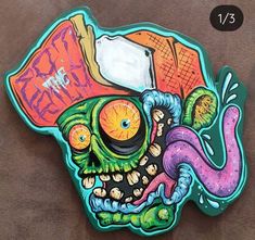 a drawing of a skull with a skateboard on it's head