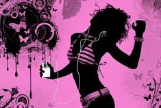 a woman with headphones is dancing and listening to music on her ear buds in front of a pink background