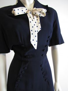 1940s WWII era Navy Blue Rayon Dress With Polka Dots Neck Tie 1940's Dress, Dress And Scarf, 40's Fashion, 1940s Outfits, 1940's Fashion, 40s Dress, Plain Background, Tie Scarf