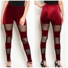 Velvet And Mesh Leggings! Super Comfortable! They Are Classy And Sexy At The Same Time! Sure To Turn Heads And Get Compliments! 90% Polyester And 10% Spandex! Red Fitted Mesh Bottoms, Burgundy Leggings, Mesh Leggings, Mesh Panel, Burgundy Color, Leggings Fashion, Soft Velvet, Have A Great Day, Color Block