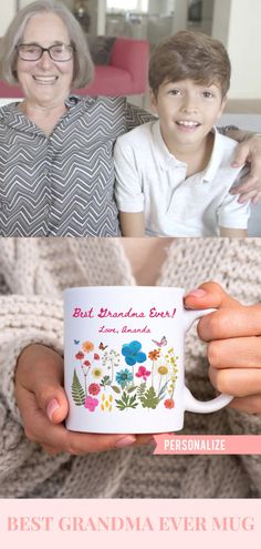 an older woman holding a coffee mug with the words best grandma ever mug on it