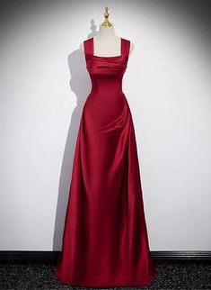 A Line Dress Red, Square Neck Floor Length Dress, Wine Red Evening Gown, Hollywood Red Carpet Dresses, Red Evening Dresses Elegant, Aesthetic Red Dress, Red Long Prom Dress, Prom Dress Elegant, Red Evening Dresses