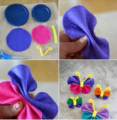 four pictures showing how to make felt butterfly decorations with scissors and buttons on the side