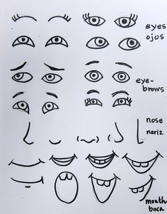 an image of various eyes and mouths drawn in pencil on white paper with black ink