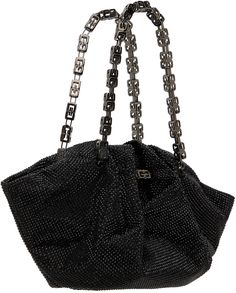 Silk-blend satin top handle bag in black. Crystal-cut detailing throughout. · Logo hardware at curb chain carry handles · Detachable sheepskin shoulder strap · Detachable signature lock hardware at face · Hinged throat with magnetic fastening · Grained sheepskin lining · Logo-engraved gunmetal-tone hardware · H6 x W10 x D1.25 in Supplier color: Black Evening Shoulder Bag With Gunmetal Hardware And Top Handle, Designer Black Bags For Events, Evening Square Shoulder Bag With Branded Hardware, Chic Evening Shoulder Bag With Gunmetal Hardware, Square Evening Shoulder Bag With Branded Hardware, Party Shoulder Bag With Gunmetal Hardware And Top Handle, Designer Black Evening Bag With Silver-tone Hardware, Designer Square Evening Bag, Elegant Evening Bags With Gunmetal Hardware