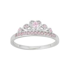 Shimmering with pink cubic zirconia stones, this sterling silver crown ring makes a regal gift for your little lady.RING DETAILS Width: 5.34 mm Size: 3 Metal: sterling silver Plating: rhodium Packaging: boxed CUBIC ZIRCONIA DETAILS Total weight: 1/10 ct. Shape: round Color: pink Setting: prong Gemstones may have been treated to enhance their appearance. Special care may be required.  Gender: female. Age Group: kids. Material: Sterling Silver|Rhodium. Pink Cute Ring, Size 12 Rings, Quinceanera Rings Silver, Pink Jewellery, Silver Crown Ring, Vintage Silver Jewelry, Kids Rings, Gold Gemstone Ring, Silver Crown