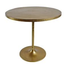 a round brass table with a wooden top and metal base on an isolated white background