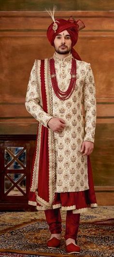 Beige and Brown color Sherwani in Art Silk fabric with Bugle Beads, Cut Dana, Embroidered work Zari Work, Color Art, Bugle Beads, Super Sale, Silk Fabric, Jaipur, Colorful Art, Brown Color, Gold Color