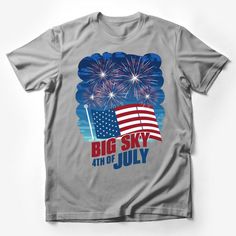 Celebrate the 4th of July in style with this eye-catching Big Sky patriotic tee! Featuring a vibrant display of fireworks behind the American flag with bold Big Sky 4th of July lettering, this shirt is perfect for Independence Day parades, barbecues, and fireworks shows. Made with soft, comfortable material and available in a range of sizes, this unisex t-shirt is not only a festive addition to your holiday wardrobe but also a great way to show your American pride. Get ready to light up your 4th July Lettering, Stars Outfit, Vintage Bowling Shirts, American Flag Fashion, American Flag Hat, Bunny T Shirt, Flag Hat, Holiday Apparel, 4th Of July Celebration