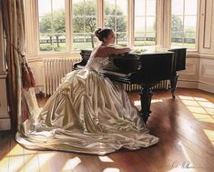 a woman in a wedding dress sitting at a piano