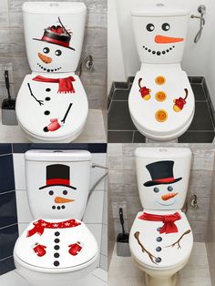 four pictures of a toilet decorated like a snowman