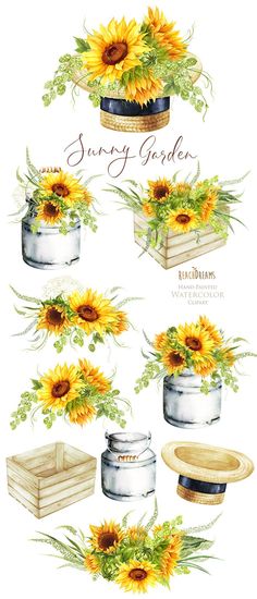 sunflowers and other flowers are shown in this watercolor painting technique, which is easy to draw