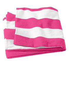 two pink and white towels folded on top of each other, one with a striped design