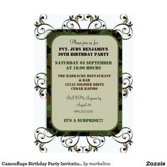 an image of a birthday party with camo print on the front and back of it