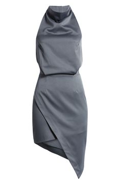 An off-center hemline and a halter neck make an artfully modern statement on this satin cocktail dress that will catch compliments. 33 1/2" to 43" center front length (size Medium) Hidden back-zip closure Halter neck Sleeveless, with cutaway shoulders Lined 97% polyester, 3% spandex Dry clean or hand wash, line dry Imported Silk Slip Dress With Asymmetrical Hem For Party, Chic Satin Halter Evening Dress, Asymmetrical Silk Mini Dress For Night Out, Elegant Asymmetrical Hem Party Slip Dress, Chic Bias Cut Halter Cocktail Dress, Asymmetrical Cocktail Dress With Satin Finish, Asymmetrical Satin Finish Cocktail Dress, Chic Satin Dress With Asymmetrical Hem, Asymmetrical Satin Evening Dress