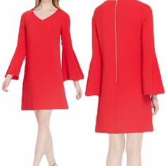 Nwt Tahari Vermillion Red Bell Sleeve V-Neck Zip-Up Shift Dress Size 4 Petite Size: 4 Petite Approximate Measurements (Laid Flat): * Pit To Pit: 18” * Waist: 18” * Length: 33” * Sleeve Length: 23” * Dress Barely Stretches So Please Read Measurements Above * Condition: Brand New With Tags - Extremely Faint Barely Noticeable Discoloration Spot On Top Of Back Left Shoulder & Tiny Mark On Right Sleeve (See Last Photo Collage) * Material: 95% Polyester, 5% Elastane - Lining Is 100% Polyester * Expose Red A-line V-neck Dress For Spring, Red V-neck Dress For Spring Formal, Red V-neck Dress For Formal Spring Occasions, Elegant Red V-neck Dress For Fall, Collage Material, Vermillion Red, Perfect Cocktail Dress, Tahari Dress, Career Dress