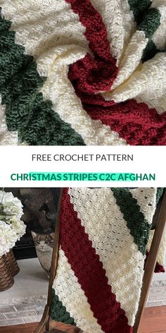 a crocheted blanket that is sitting on top of a chair with the text free crochet pattern christmas stripes afghan