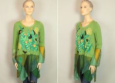 "Please consider this fabulous UpCycled  Shabby Chic green cotton knit top peplum design tunic blouse/ short dress embellished with vintage linen/ lace applique embroidered detail.  Asymmetrical Hem Raw Fringed Hem Lagenlook Art To Wear design. NOTE: I will be listing many more UpCycled clothes...: ) Please come back and see my other listings!   MEASUREMENTS: Bust: 19\" Sleeves: 25\" Length: 36\"   CONDITION: Pre owned/ UpCycled new condition (please see detailed pics).      PLEASE SEE ALL MY DETAILED PICTURES SINCE THEY ARE PART OF MY DESCRIPTION     IF YOU HAVE ANY QUESTIONS PLEASE DO NOT HESITATE TO ASK!" Green Tunic Blouse For Fall, Green Lagenlook Long Sleeve Blouse, Green Tunic Top For Fall, Spring Green Patchwork Blouse, Spring Green Lagenlook Tops, Green Long Sleeve Tunic For Fall, Green Tunic Tops For Spring, Spring Green Patchwork Tops, Green Patchwork Tops For Spring