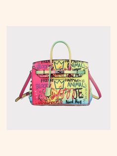 Trendy Multicolor Shoulder Bag, Trendy Multicolor Bag, Trendy Multicolor Bags, Multicolor Rectangular Shoulder Bag With Letter Print, Trendy Multicolor Bags With Letter Print, Multicolor Letter Print Rectangular Shoulder Bag, Trendy Rectangular Bag With Graphic Print, Trendy Pink Bags With Graphic Print, Painted Handbags