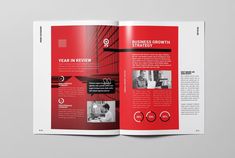 a red and black business brochure is open to show the company's growth